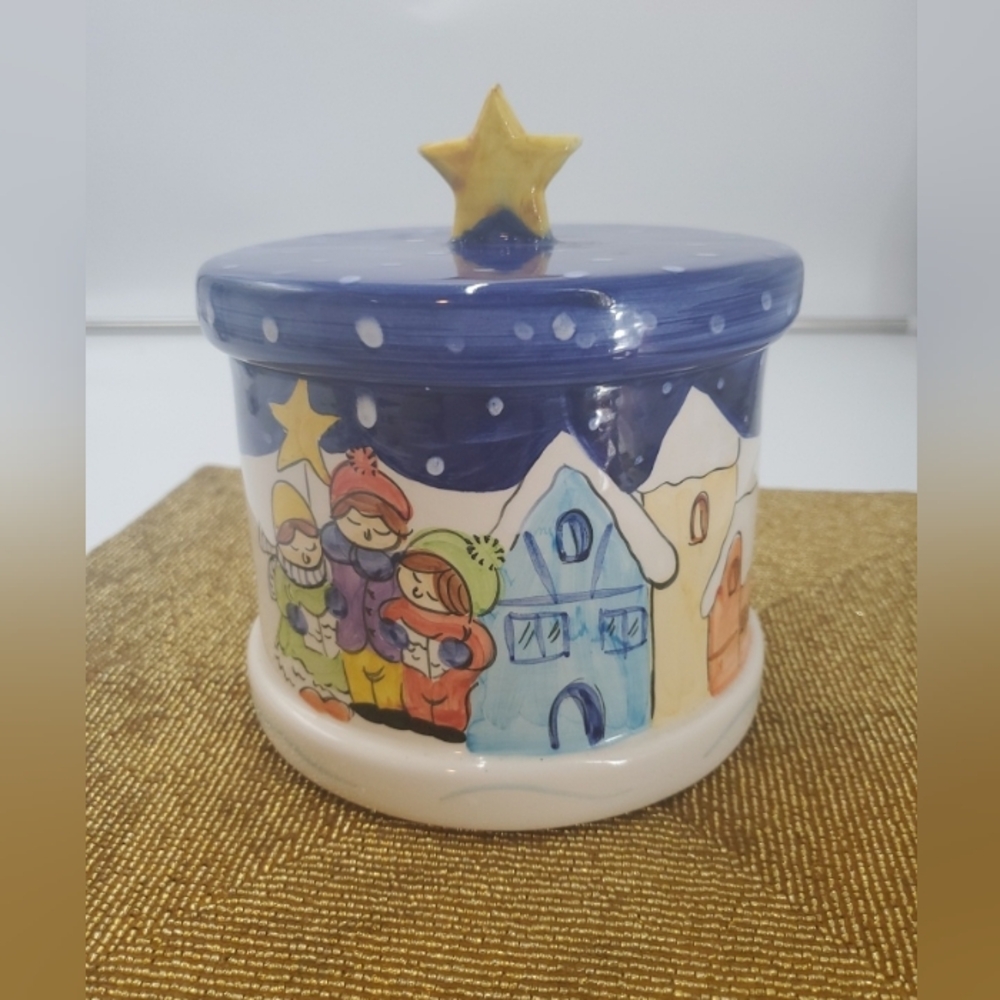 Vintage Ceramic Christmas Carol Kids Cookie Jar Container With Star Lid Portugal